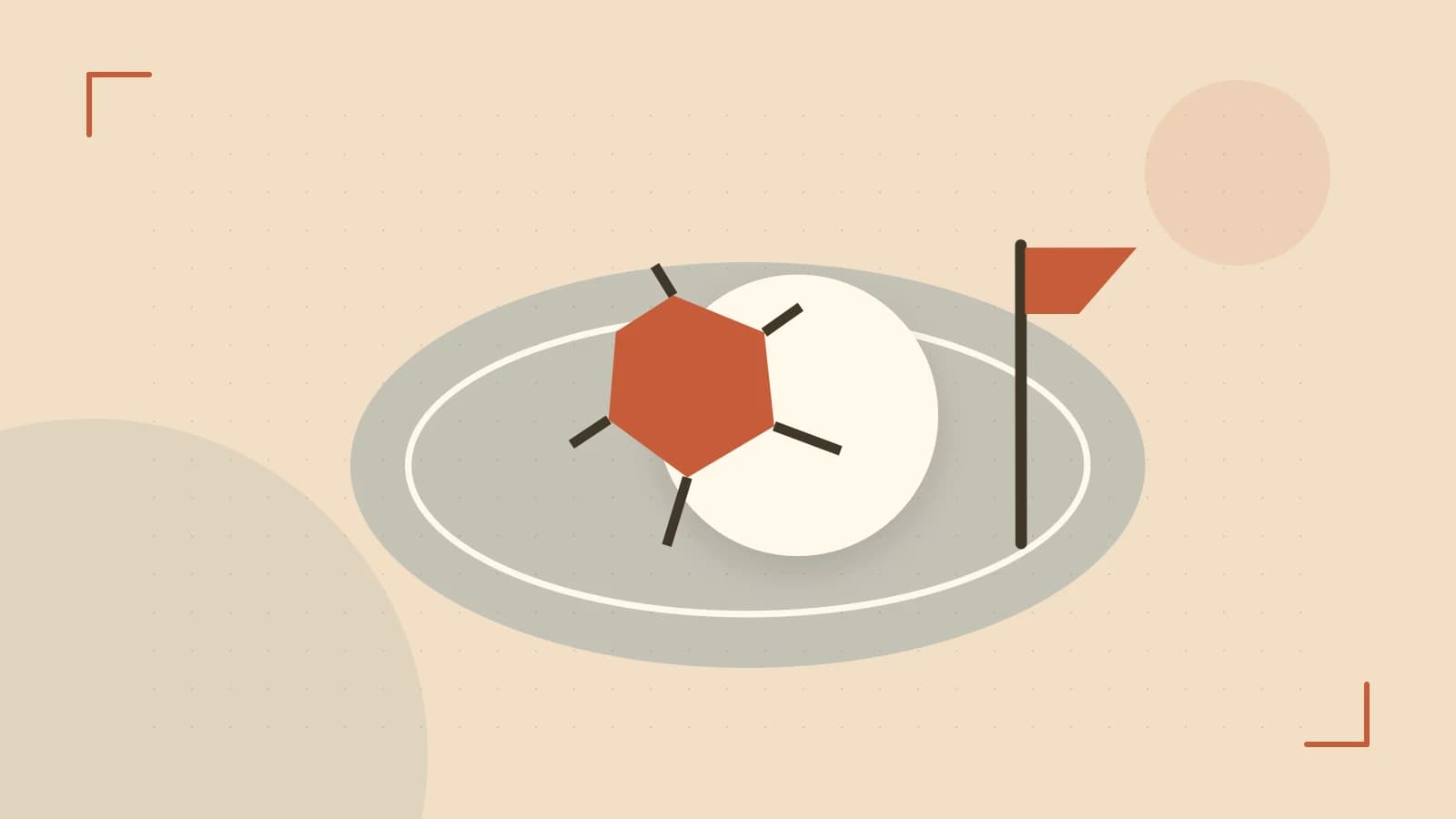 Editorial illustration of a stylized sports ball, stadium geometry and dynamic arcs