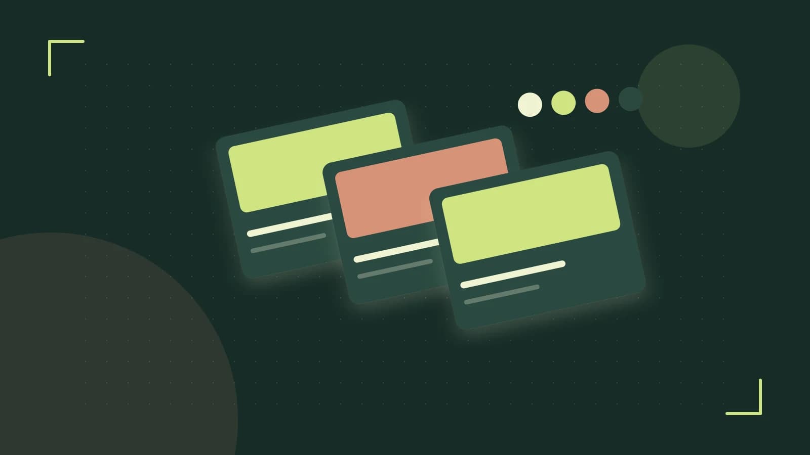 Editorial illustration of responsive browser layouts, overlapping design components and a color system