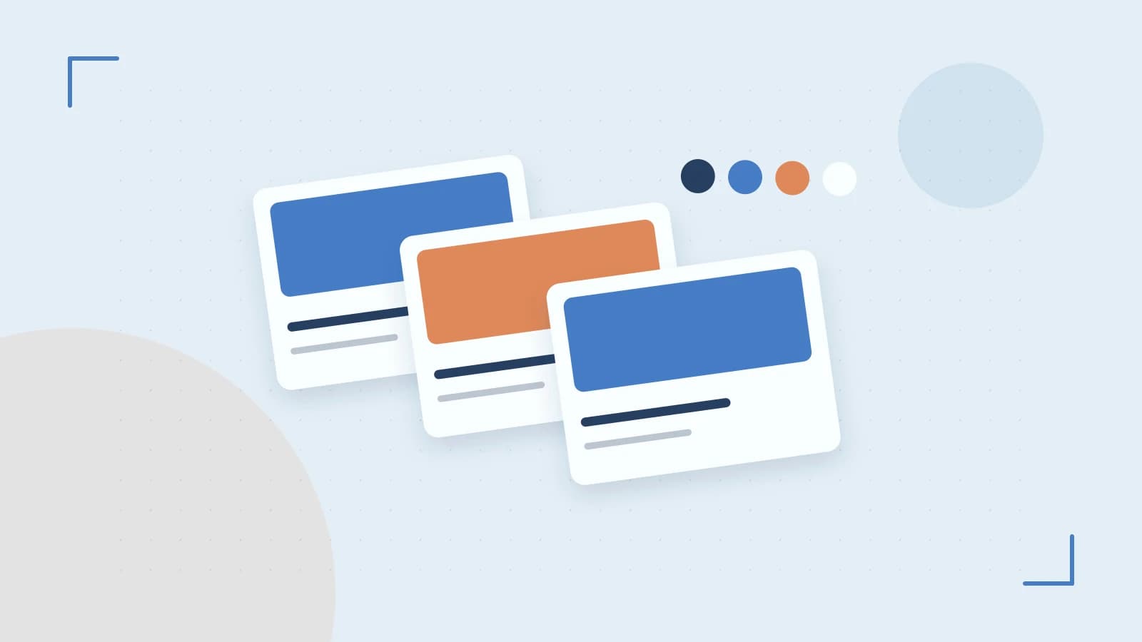 Editorial illustration of responsive browser layouts, overlapping design components and a color system
