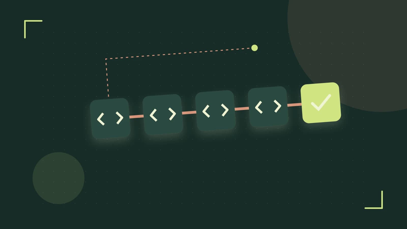 Editorial illustration of a branching build pipeline, staged transformations and a completed check