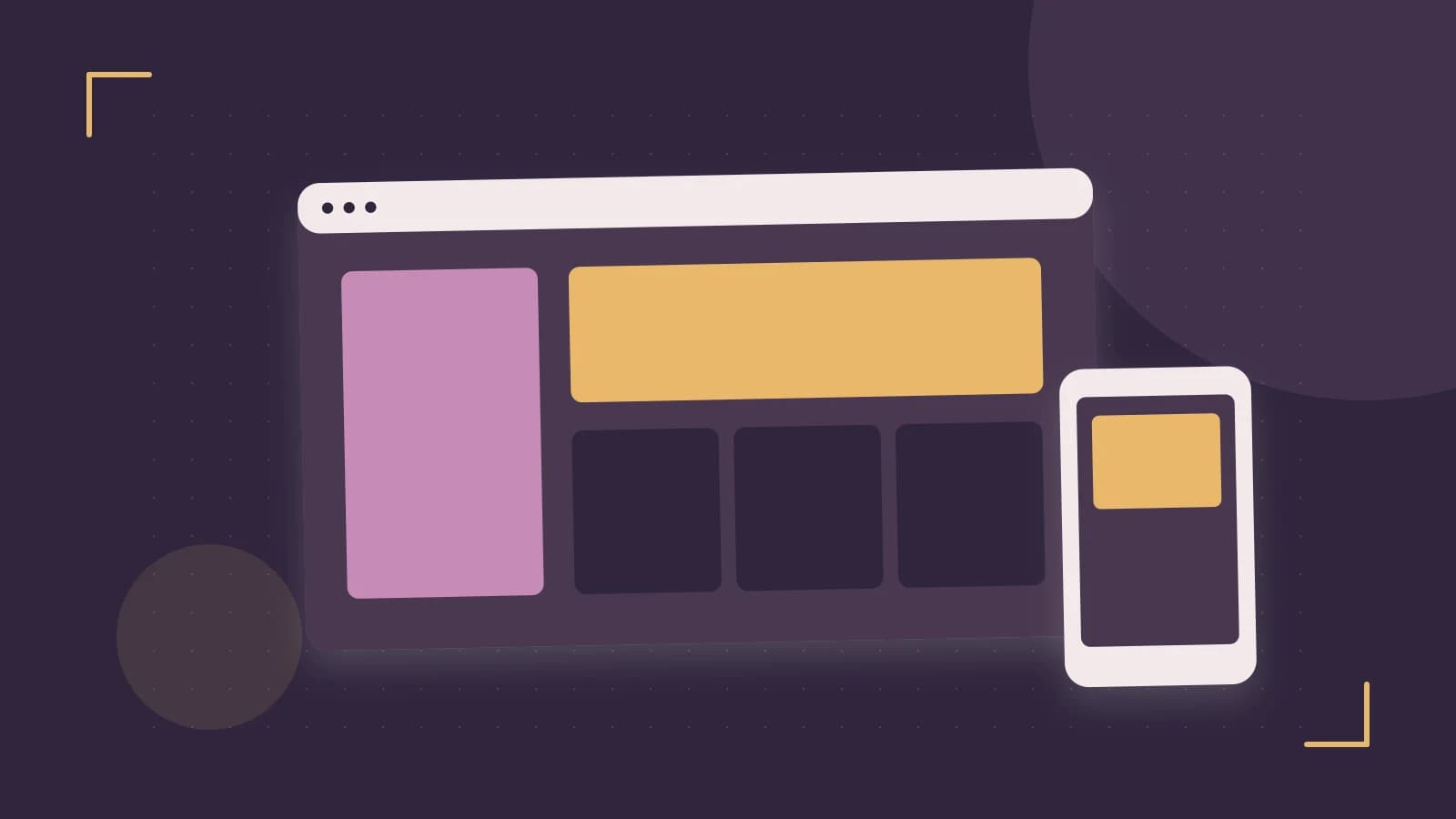Editorial illustration of responsive browser layouts, overlapping design components and a color system