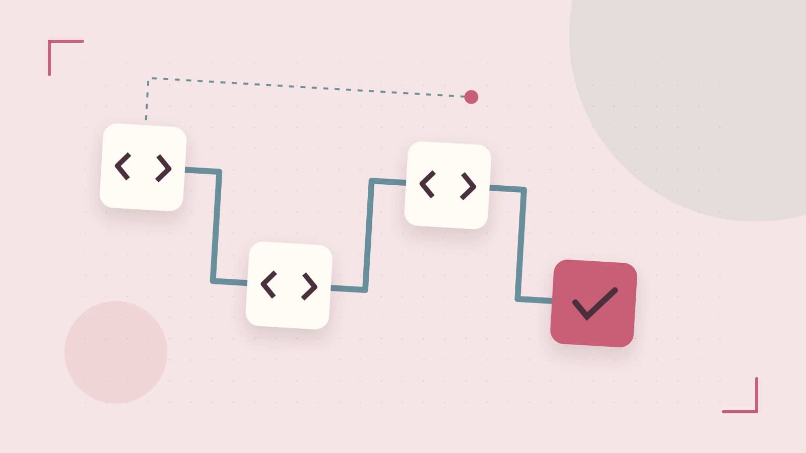 Editorial illustration of a branching build pipeline, staged transformations and a completed check