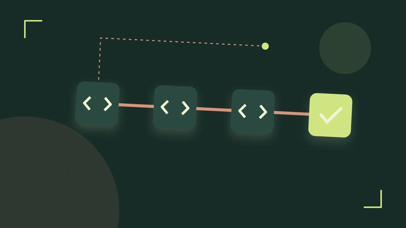 Editorial illustration of a branching build pipeline, staged transformations and a completed check
