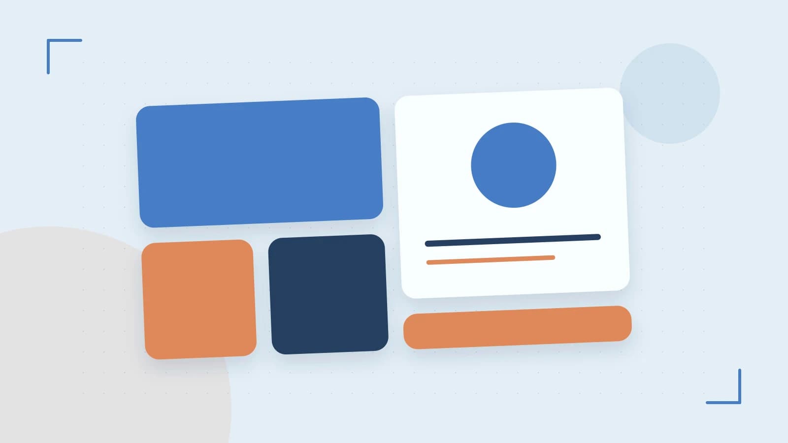 Editorial illustration of responsive browser layouts, overlapping design components and a color system