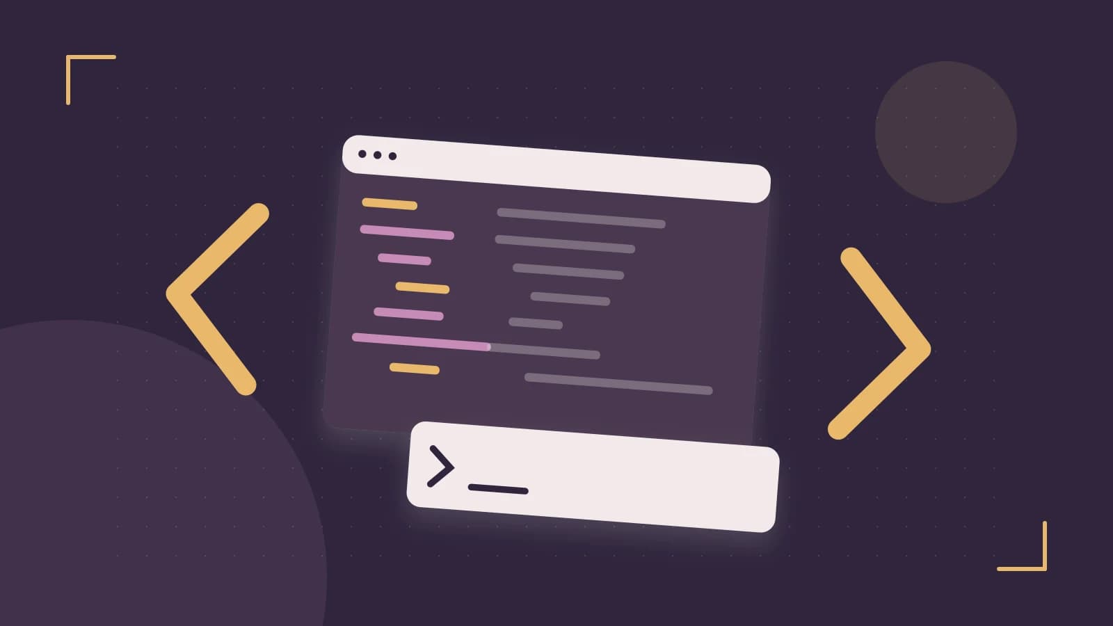 Editorial illustration of an abstract code editor, syntax blocks and oversized programming brackets