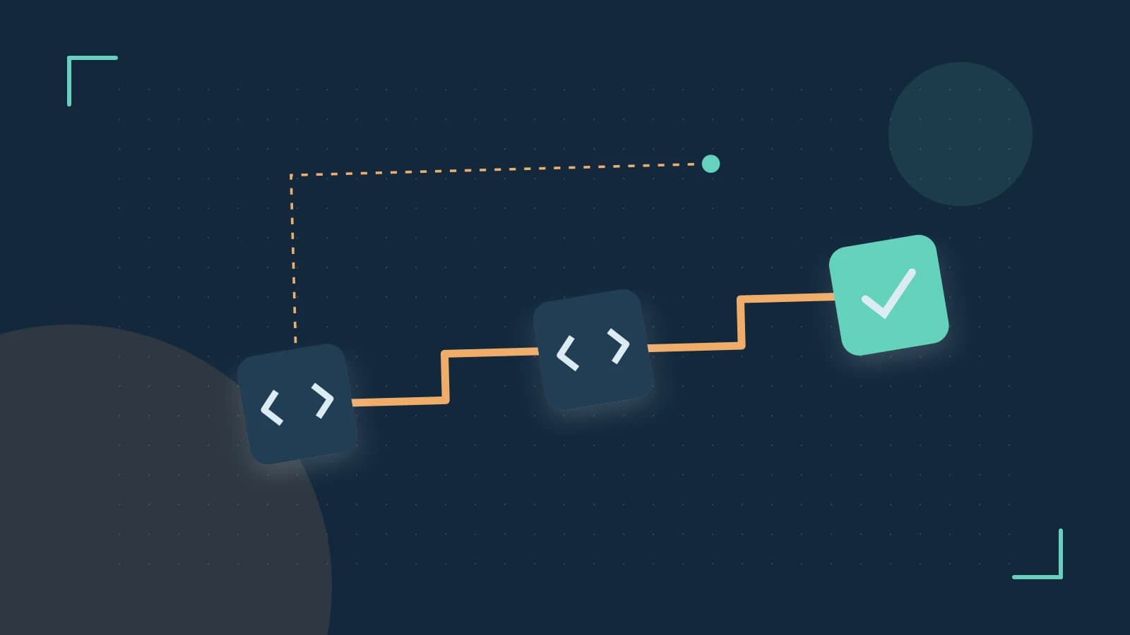 Editorial illustration of a branching build pipeline, staged transformations and a completed check