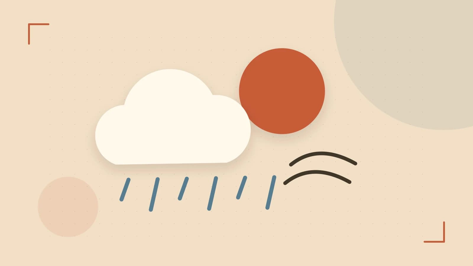 Editorial illustration of a sun, layered clouds, raindrops and flowing weather patterns