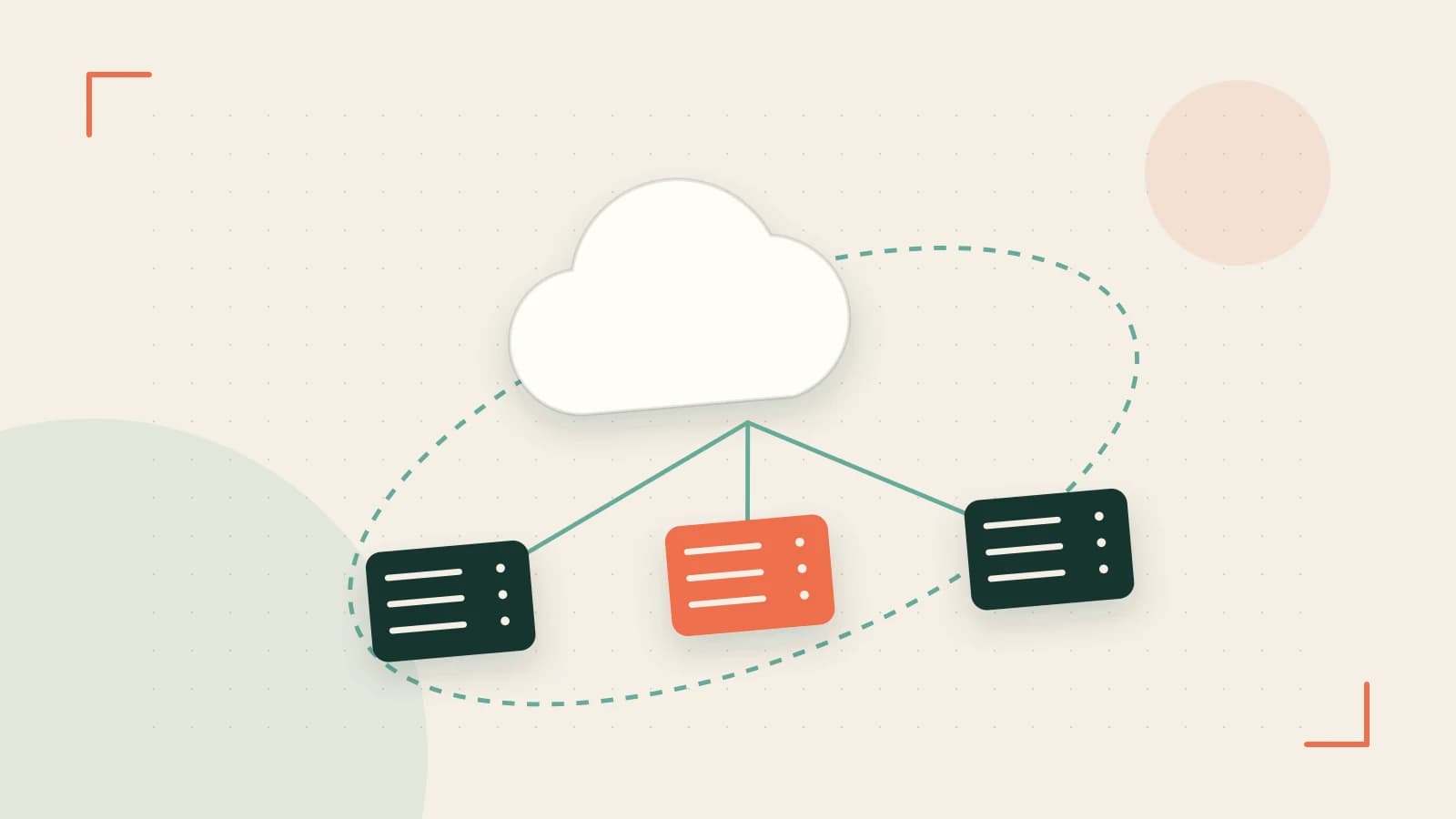 Editorial illustration of cloud infrastructure, connected server racks and an orbital service map