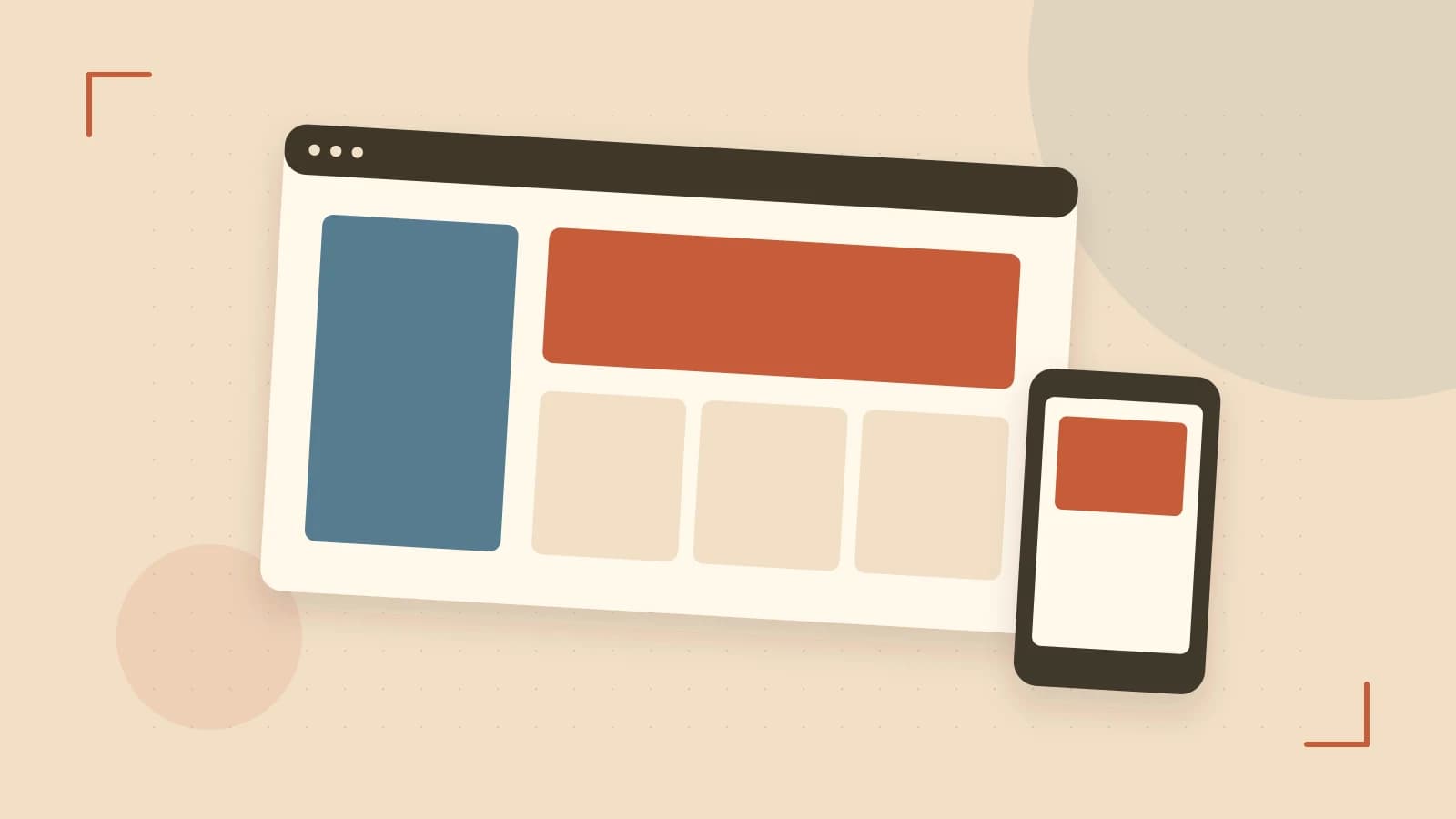 Editorial illustration of responsive browser layouts, overlapping design components and a color system
