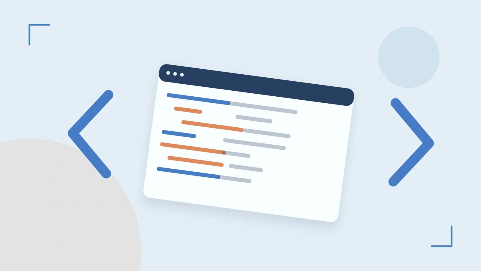 Editorial illustration of an abstract code editor, syntax blocks and oversized programming brackets