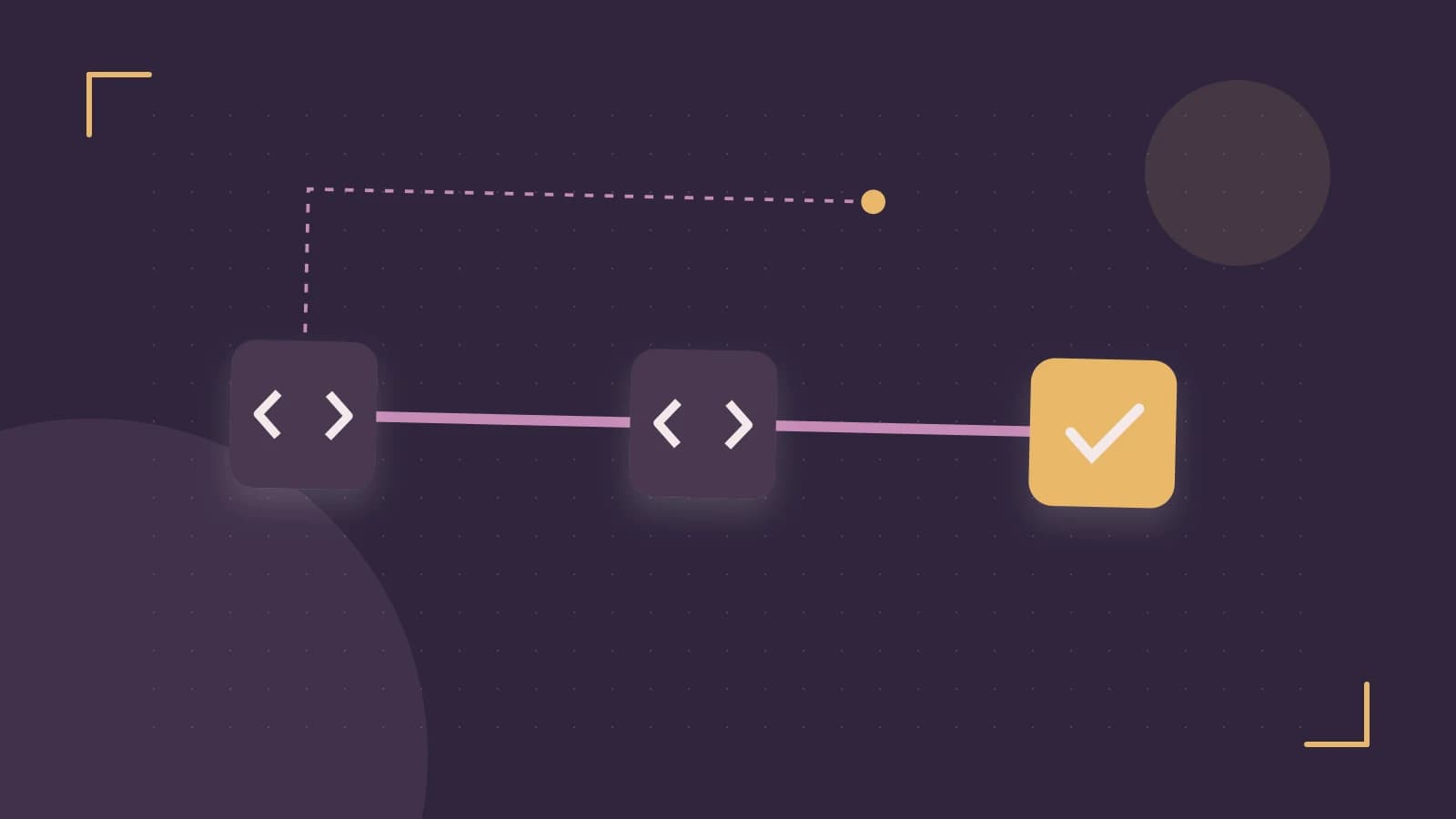 Editorial illustration of a branching build pipeline, staged transformations and a completed check
