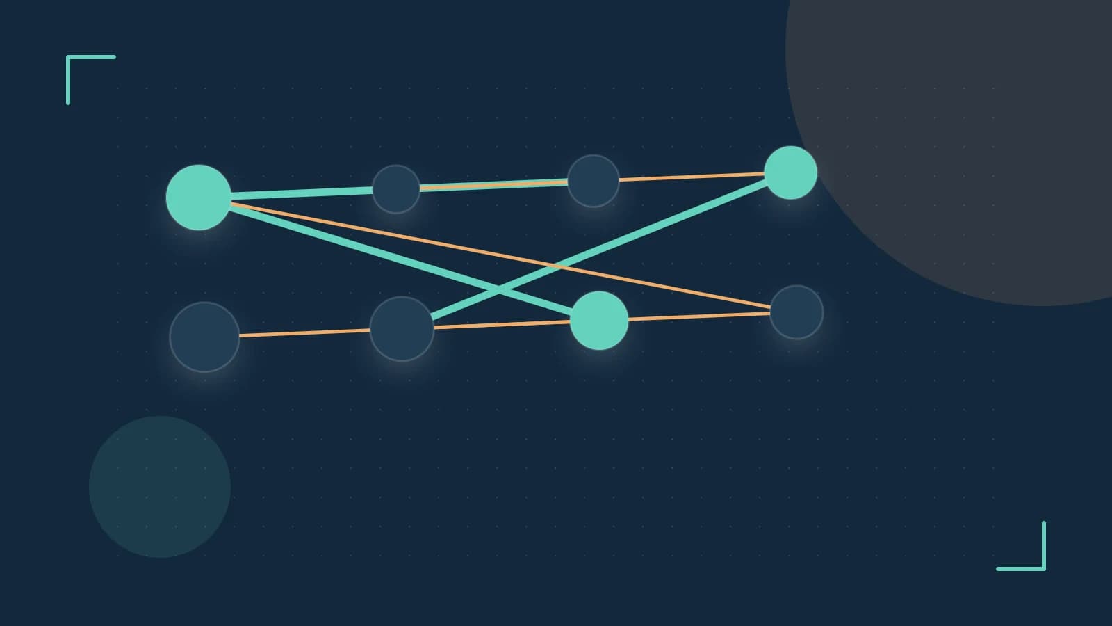 Editorial illustration of an algorithmic node graph with branching paths and a highlighted result