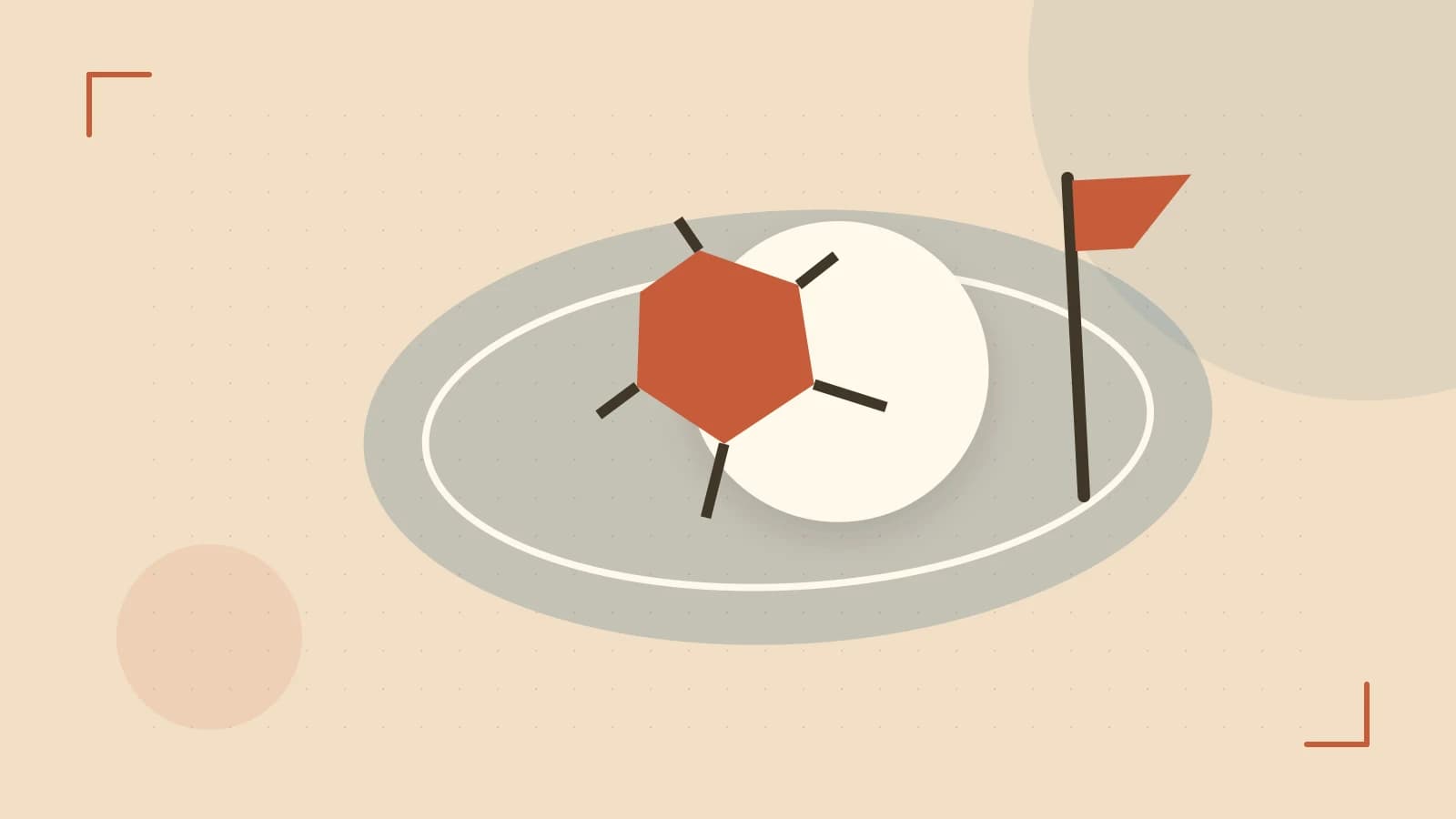 Editorial illustration of a stylized sports ball, stadium geometry and dynamic arcs