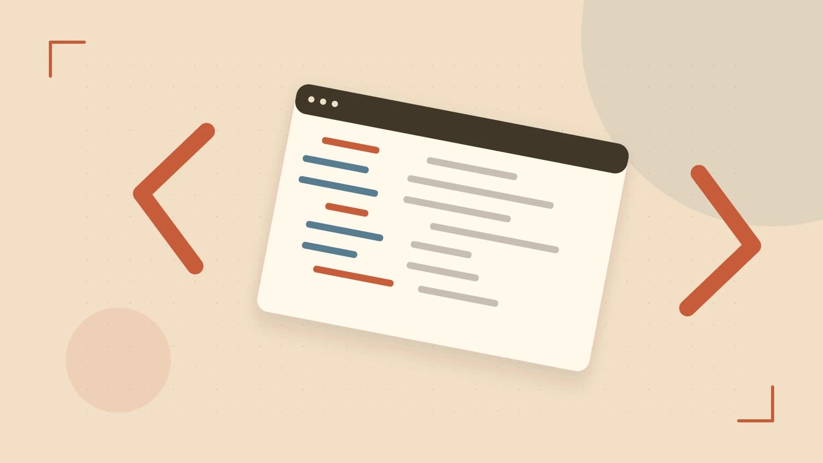 Editorial illustration of an abstract code editor, syntax blocks and oversized programming brackets