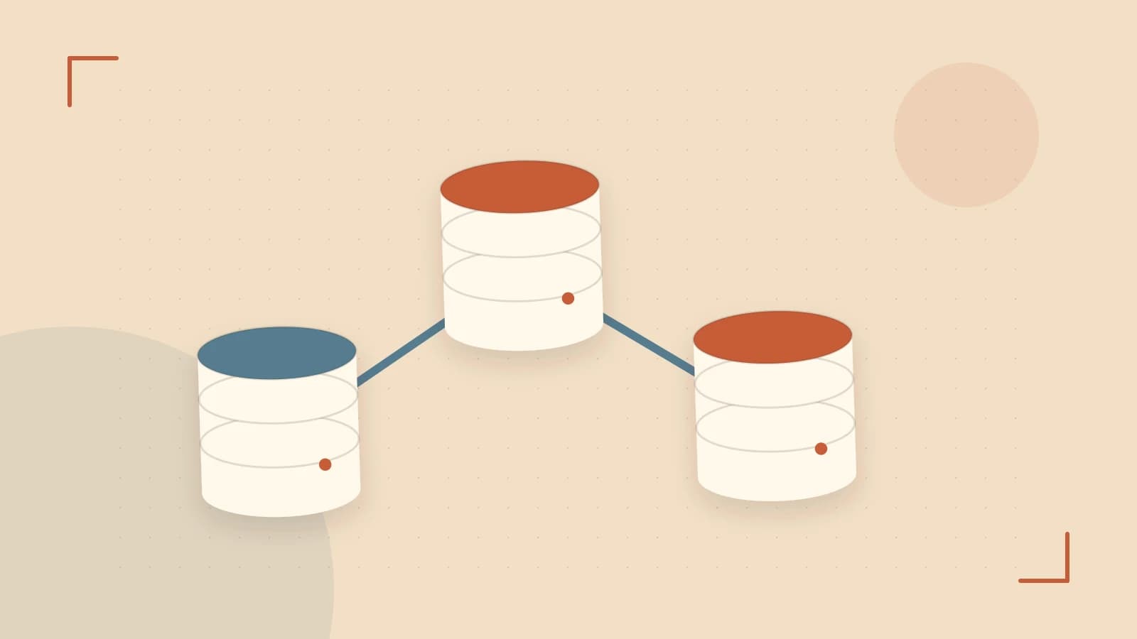 Editorial illustration of structured records, database cylinders and relationships between tables