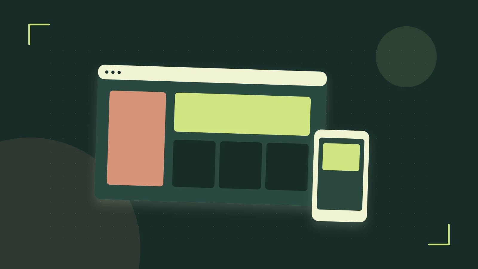 Editorial illustration of responsive browser layouts, overlapping design components and a color system