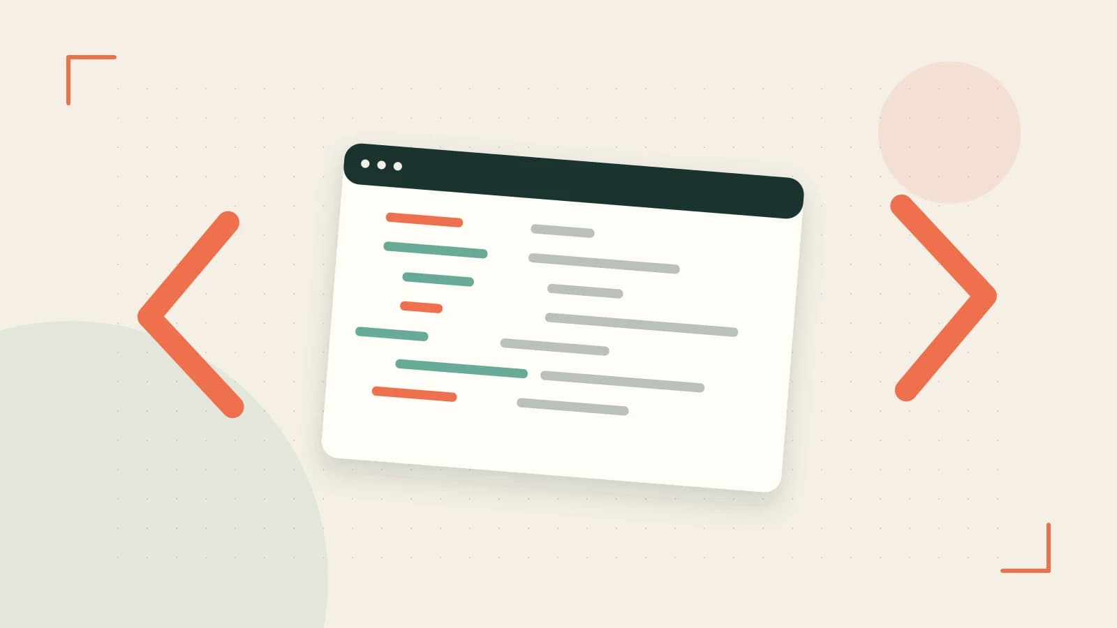 Editorial illustration of an abstract code editor, syntax blocks and oversized programming brackets