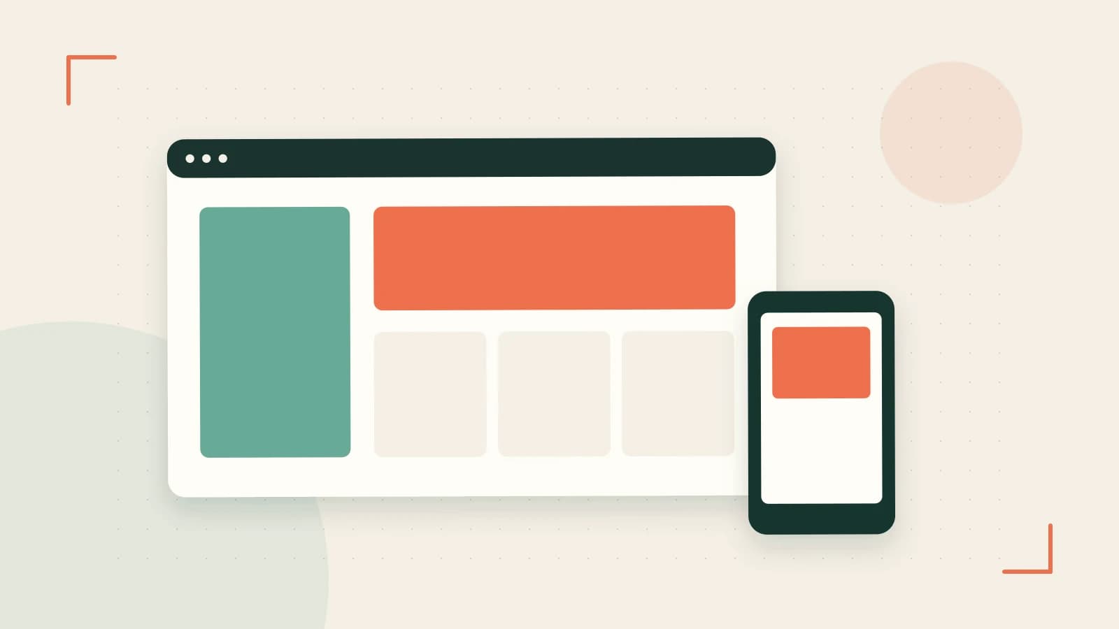 Editorial illustration of responsive browser layouts, overlapping design components and a color system