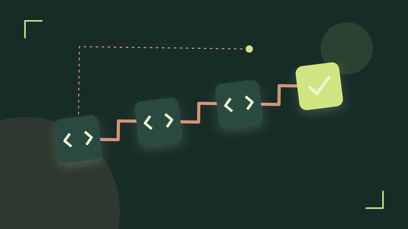 Editorial illustration of a branching build pipeline, staged transformations and a completed check