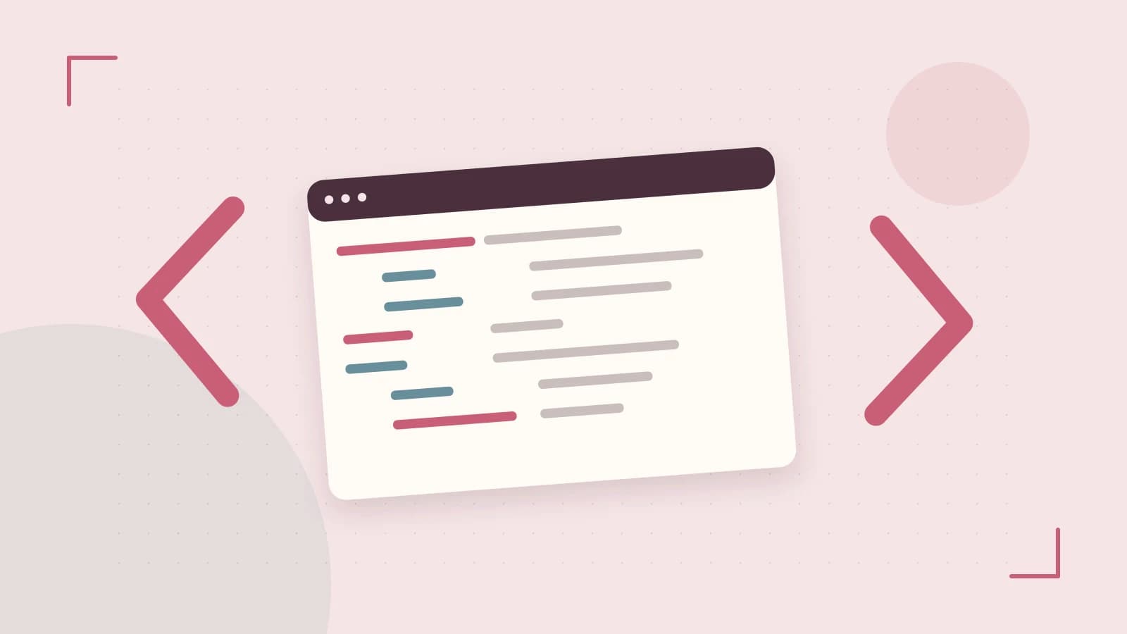Editorial illustration of an abstract code editor, syntax blocks and oversized programming brackets