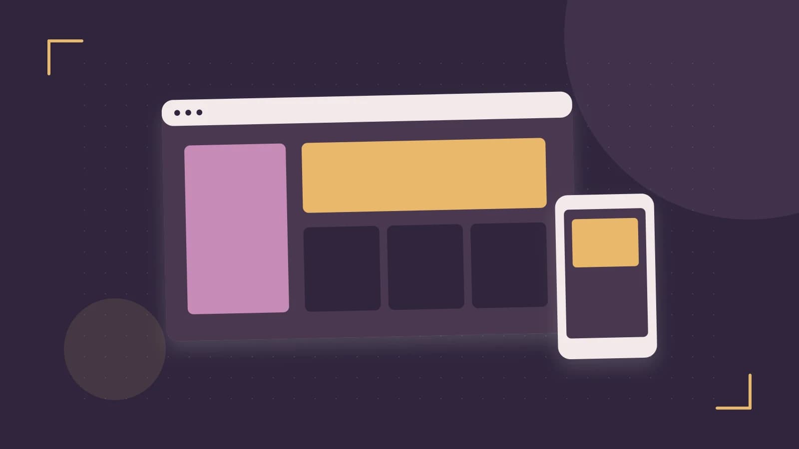 Editorial illustration of responsive browser layouts, overlapping design components and a color system