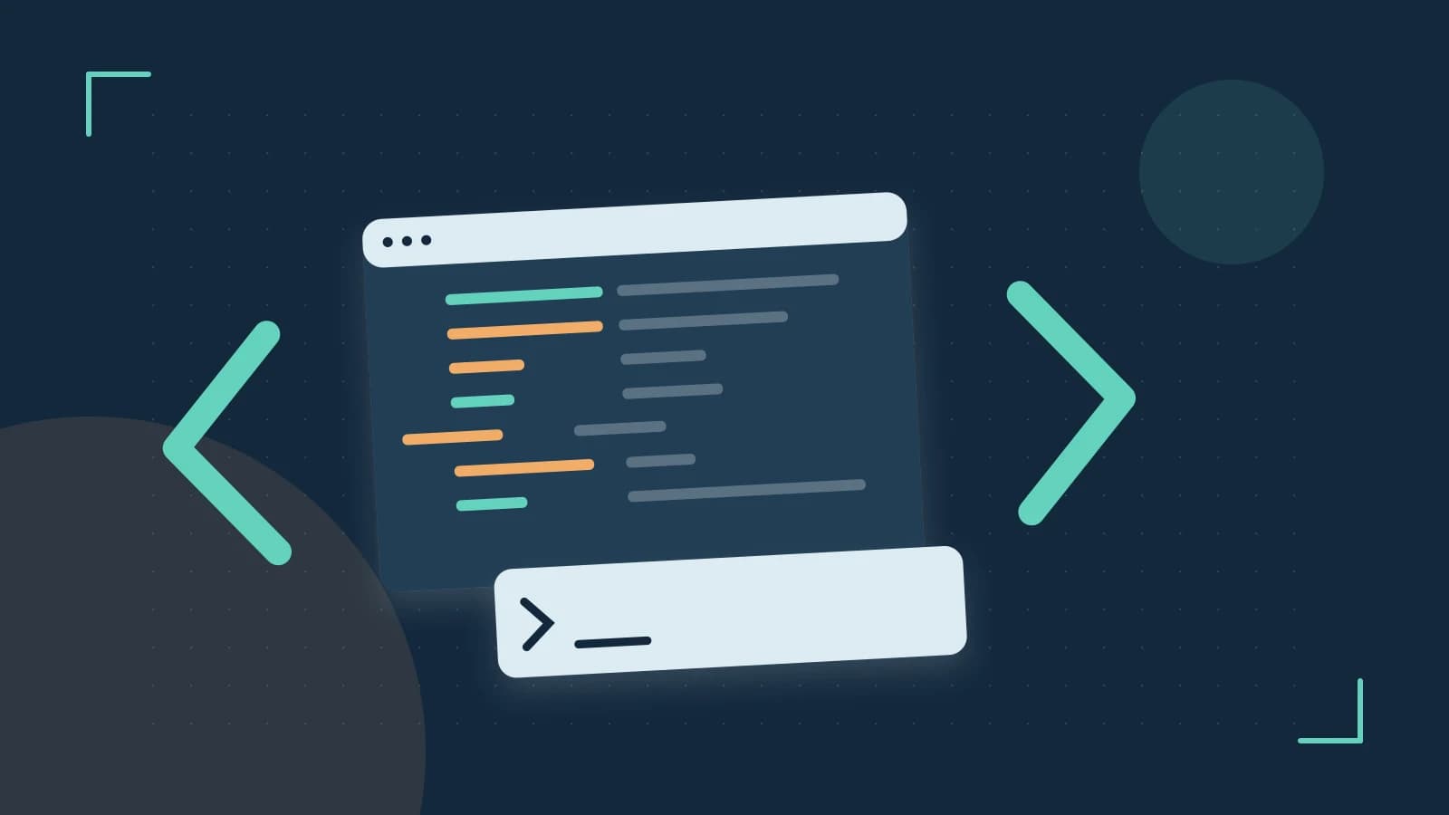 Editorial illustration of an abstract code editor, syntax blocks and oversized programming brackets