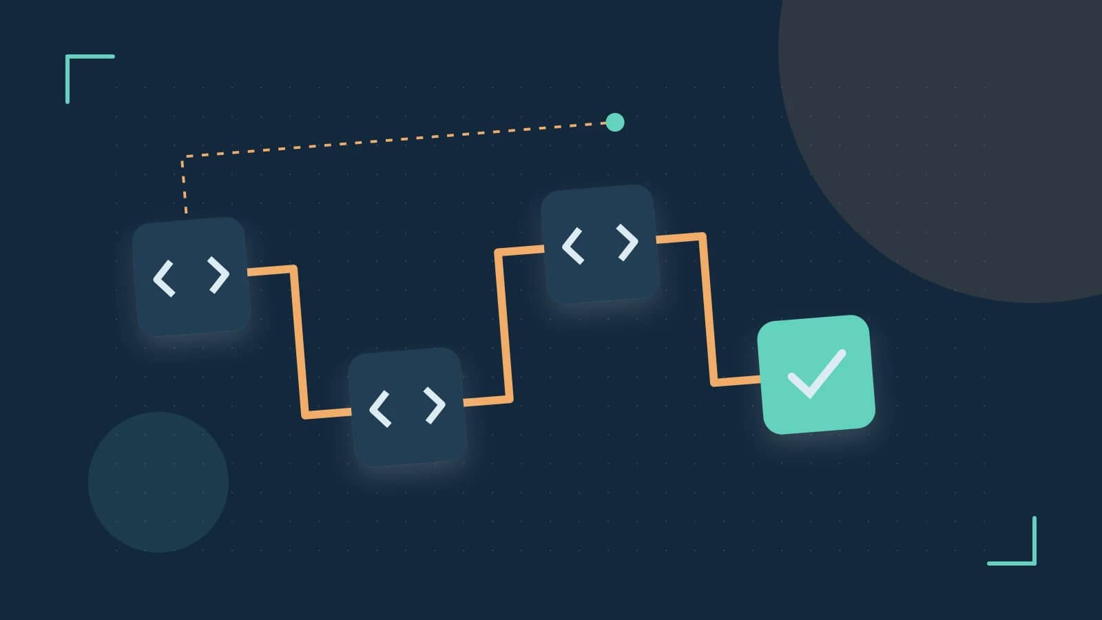 Editorial illustration of a branching build pipeline, staged transformations and a completed check