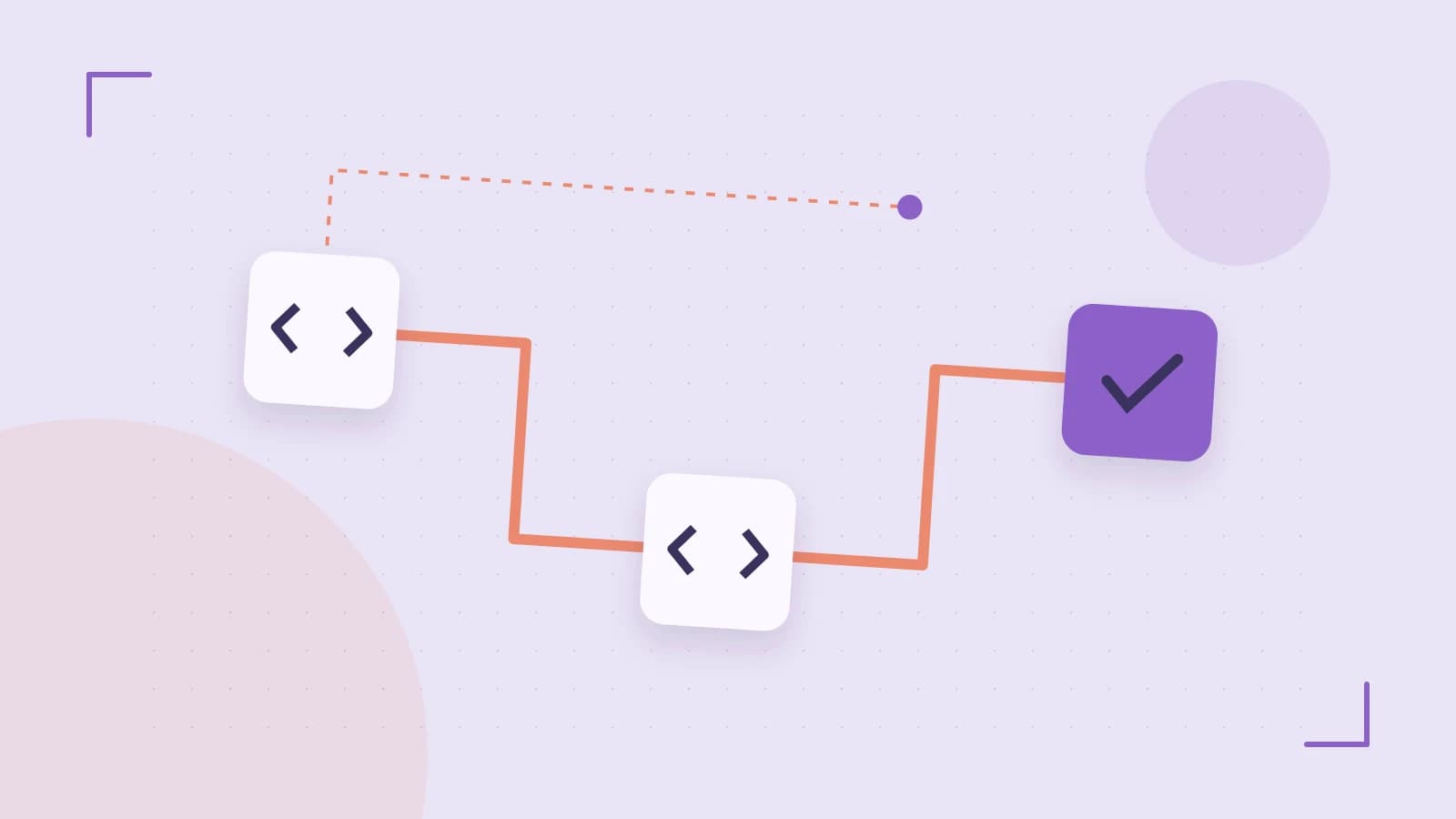 Editorial illustration of a branching build pipeline, staged transformations and a completed check