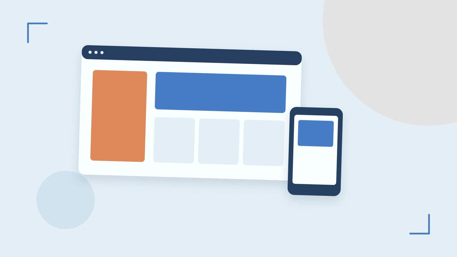 Editorial illustration of responsive browser layouts, overlapping design components and a color system