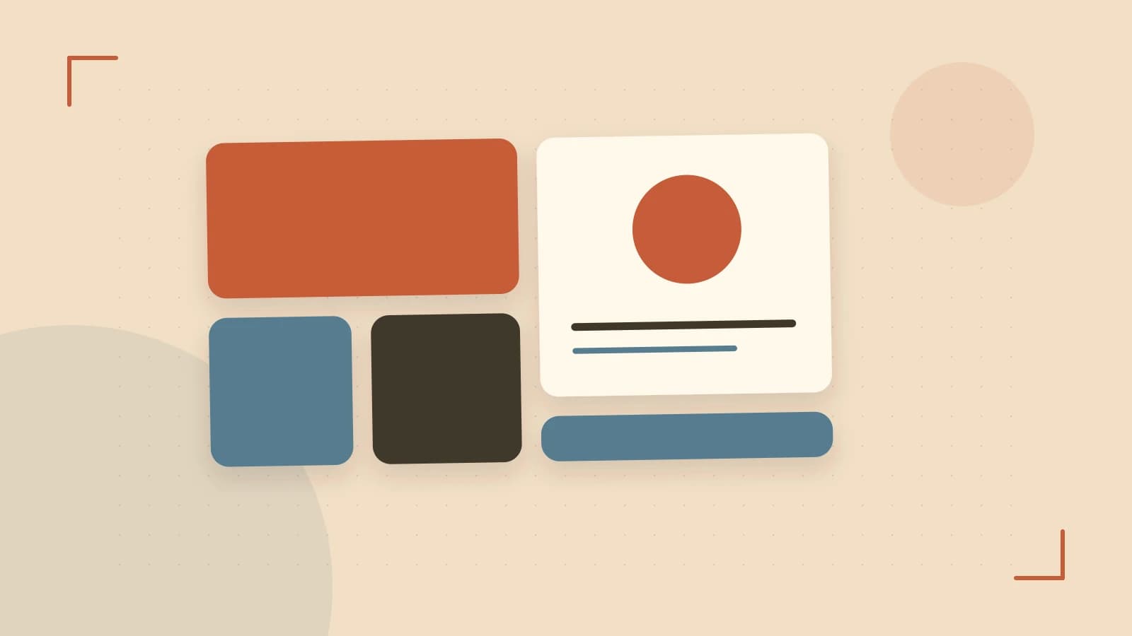 Editorial illustration of responsive browser layouts, overlapping design components and a color system