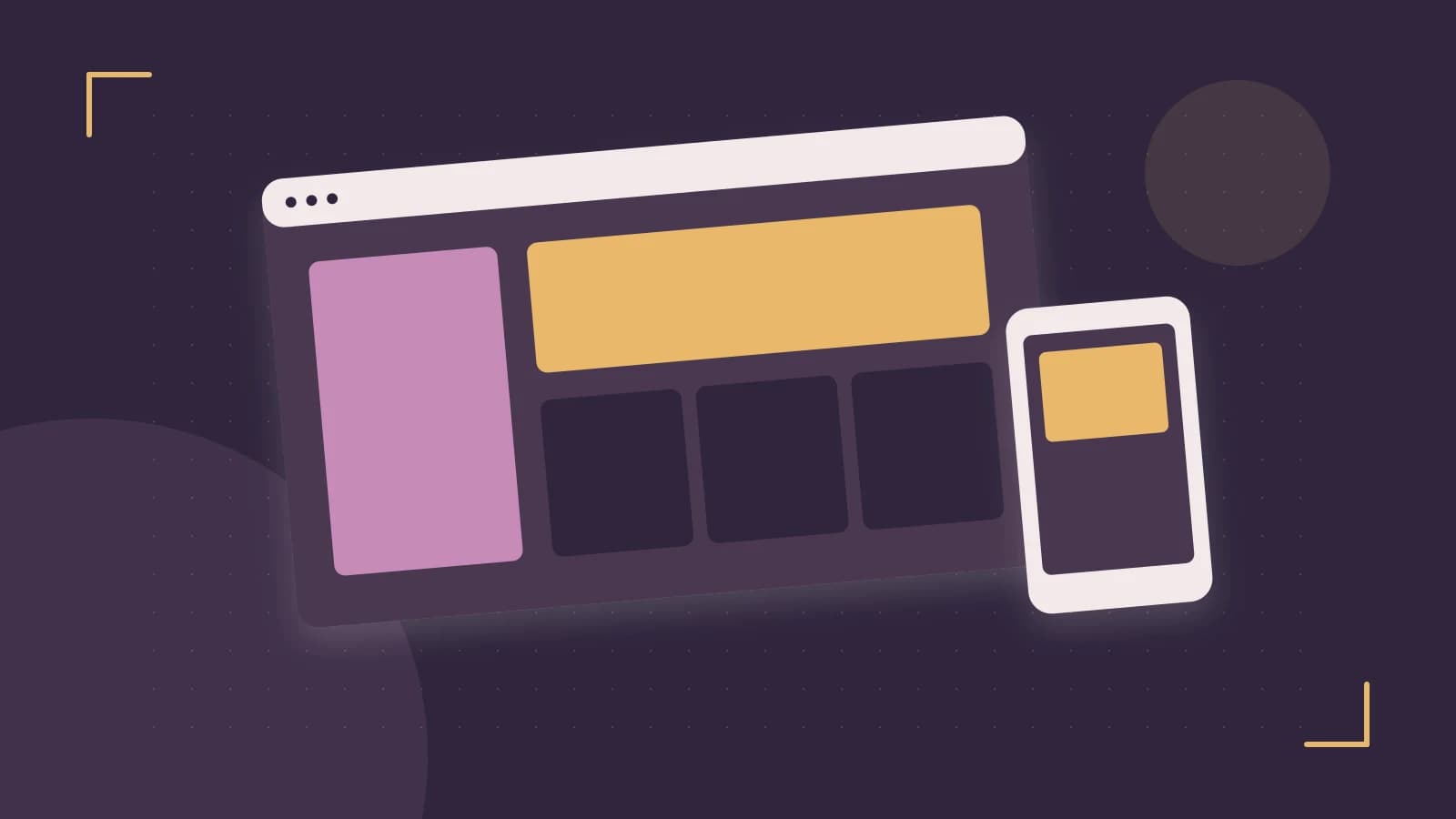 Editorial illustration of responsive browser layouts, overlapping design components and a color system