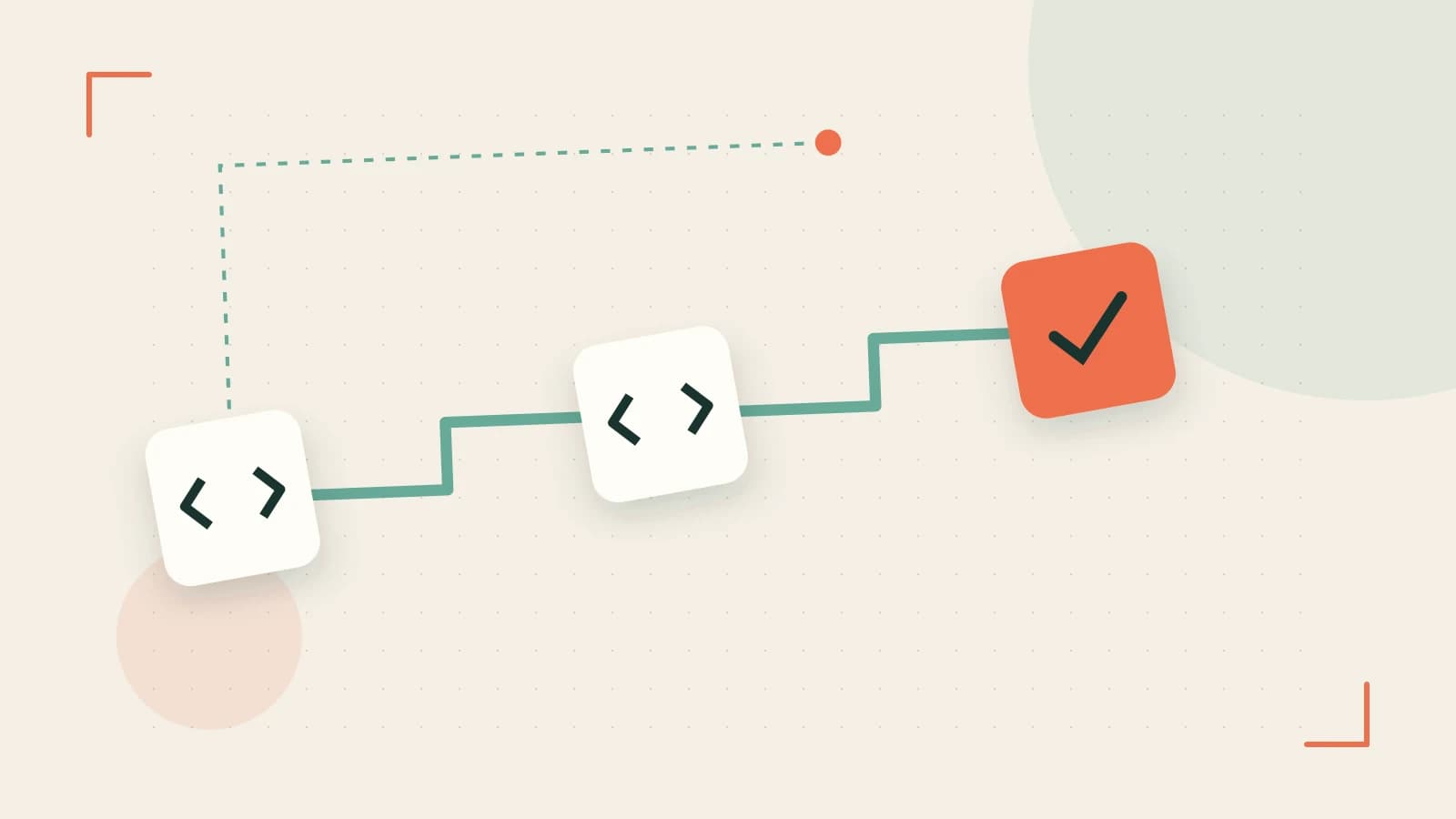 Editorial illustration of a branching build pipeline, staged transformations and a completed check