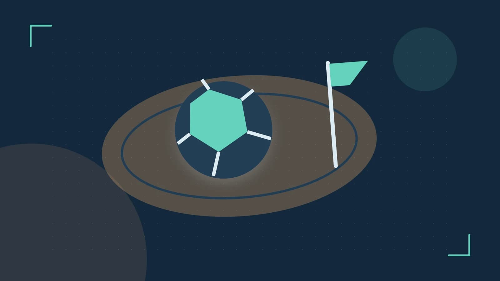 Editorial illustration of a stylized sports ball, stadium geometry and dynamic arcs