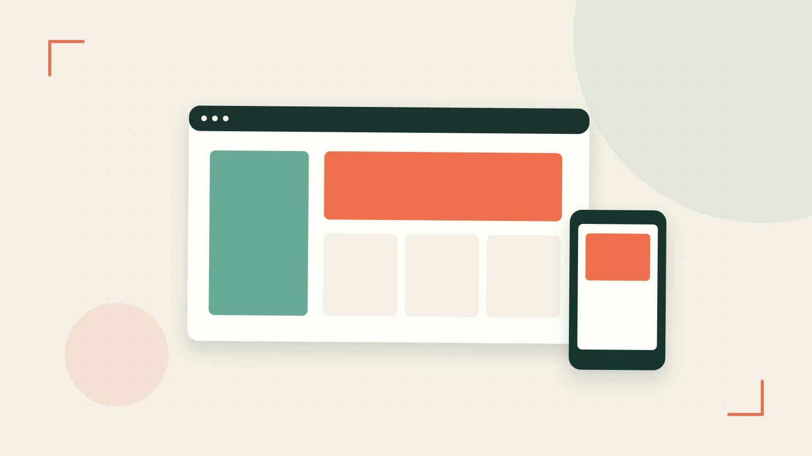 Editorial illustration of responsive browser layouts, overlapping design components and a color system