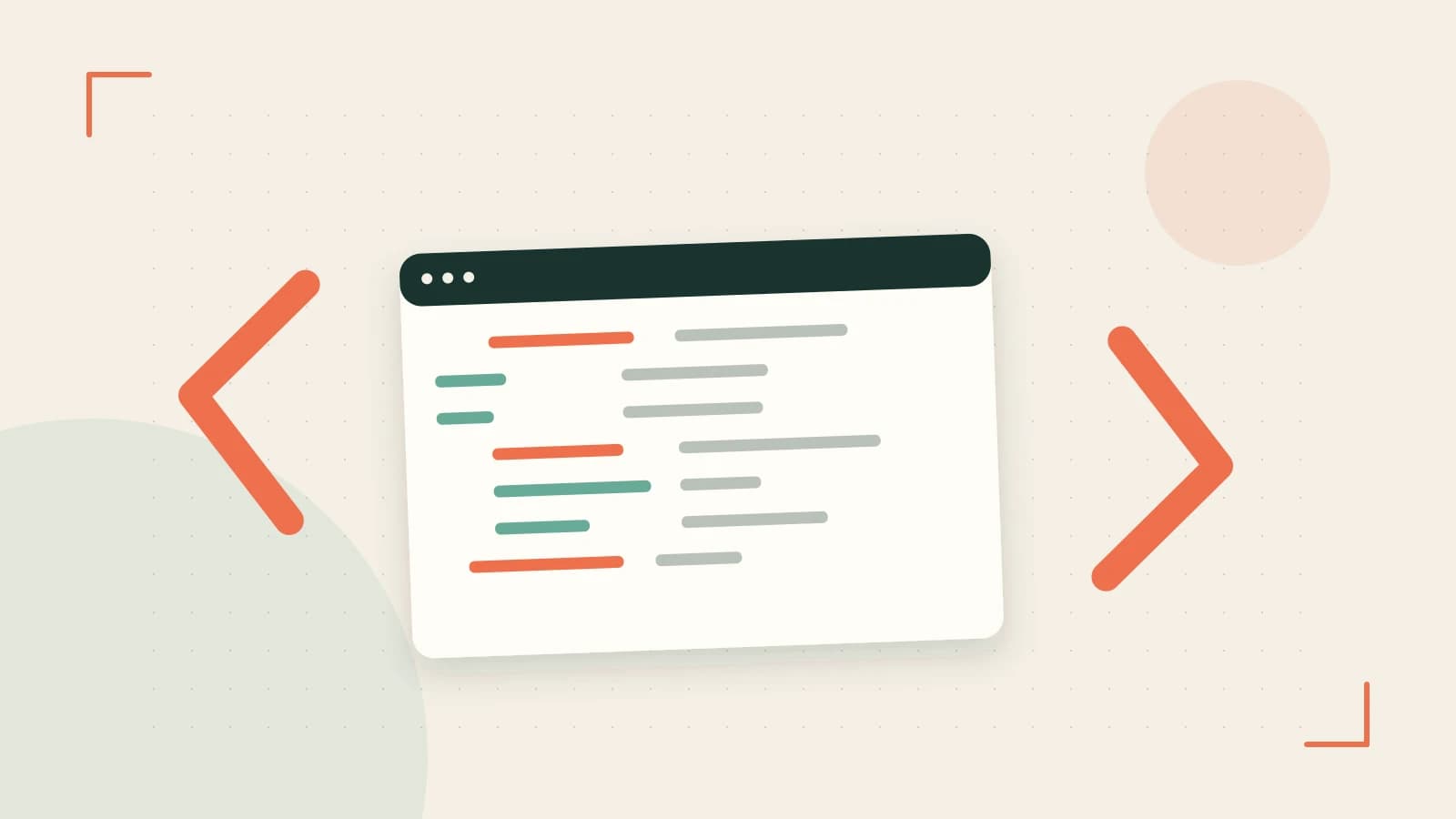 Editorial illustration of an abstract code editor, syntax blocks and oversized programming brackets