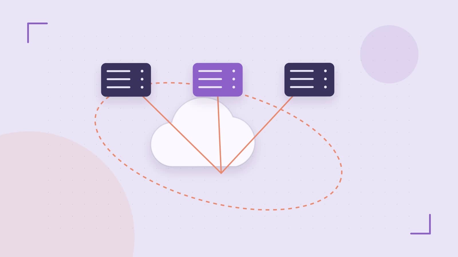 Editorial illustration of cloud infrastructure, connected server racks and an orbital service map