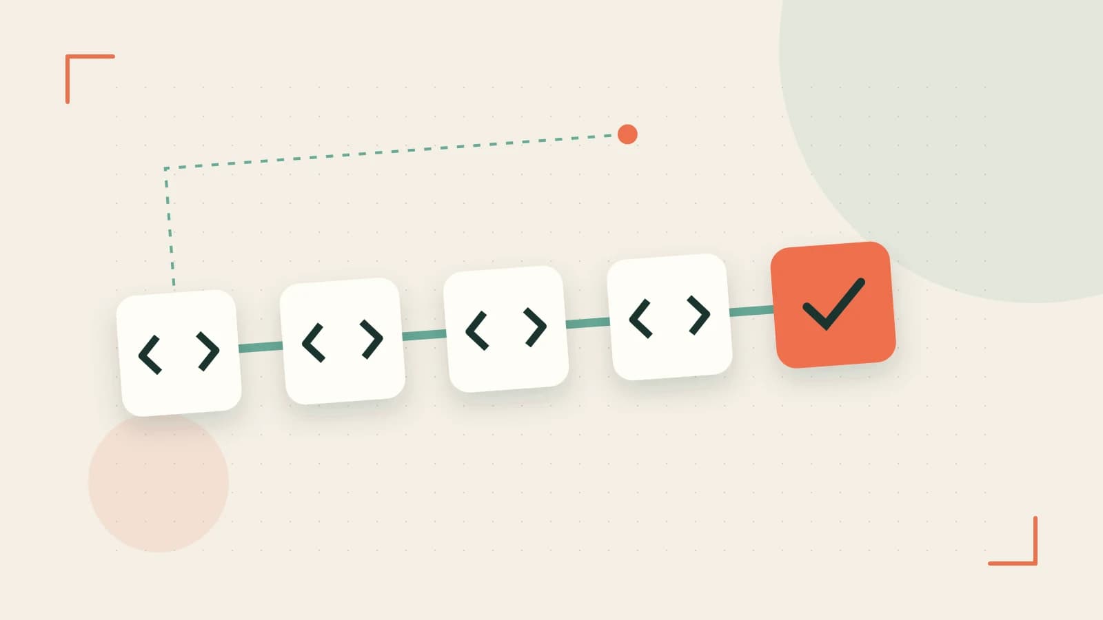 Editorial illustration of a branching build pipeline, staged transformations and a completed check