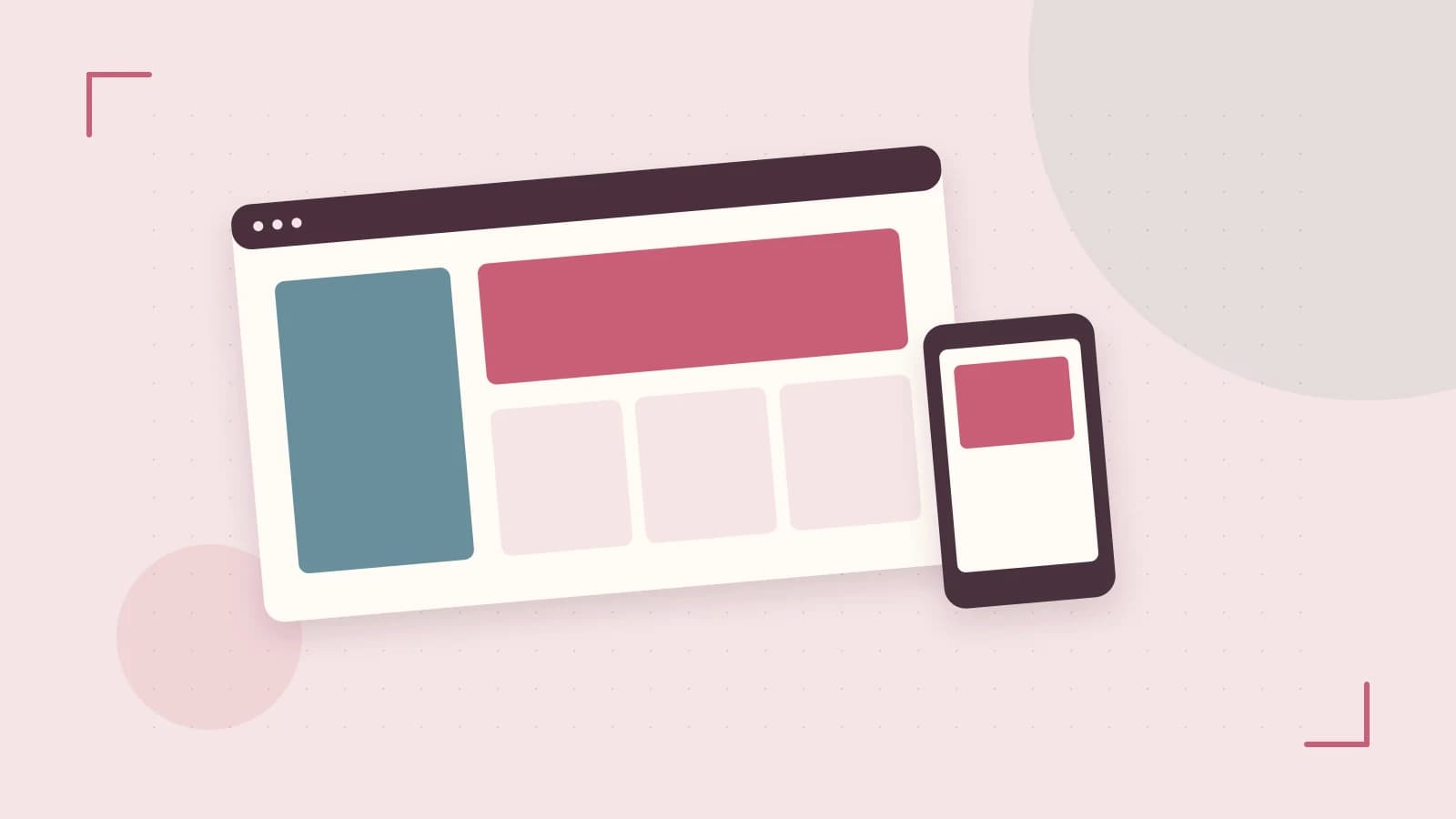 Editorial illustration of responsive browser layouts, overlapping design components and a color system