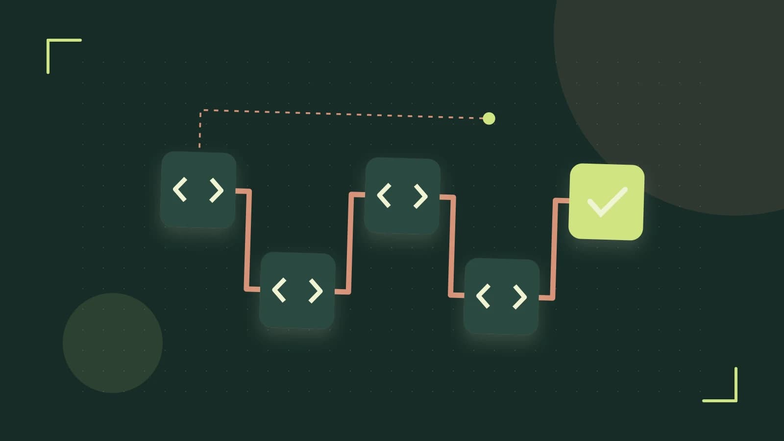 Editorial illustration of a branching build pipeline, staged transformations and a completed check
