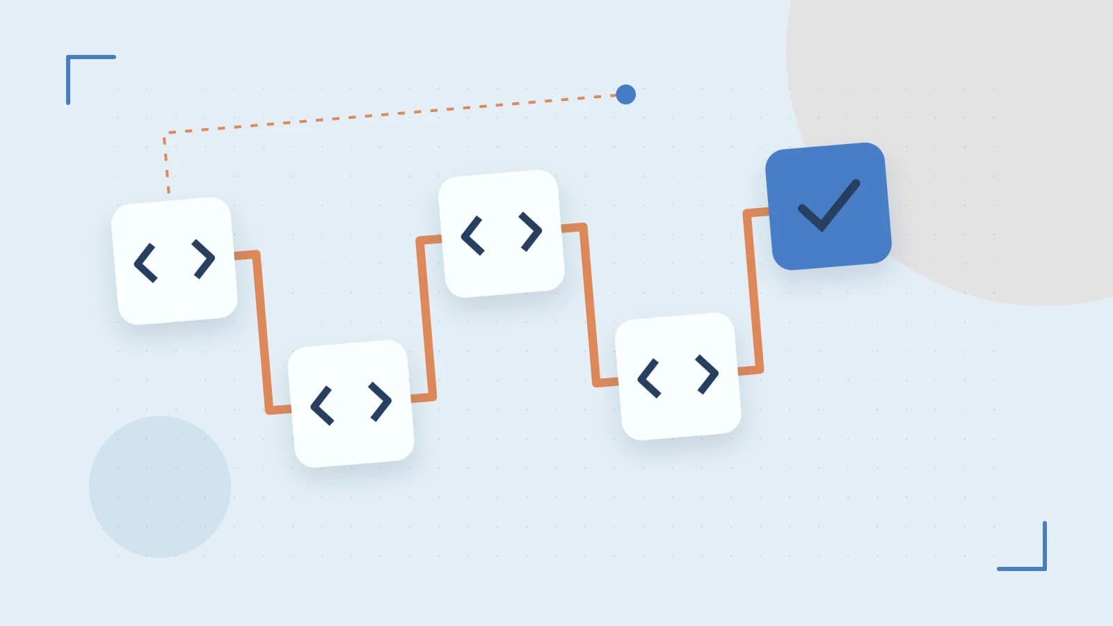 Editorial illustration of a branching build pipeline, staged transformations and a completed check