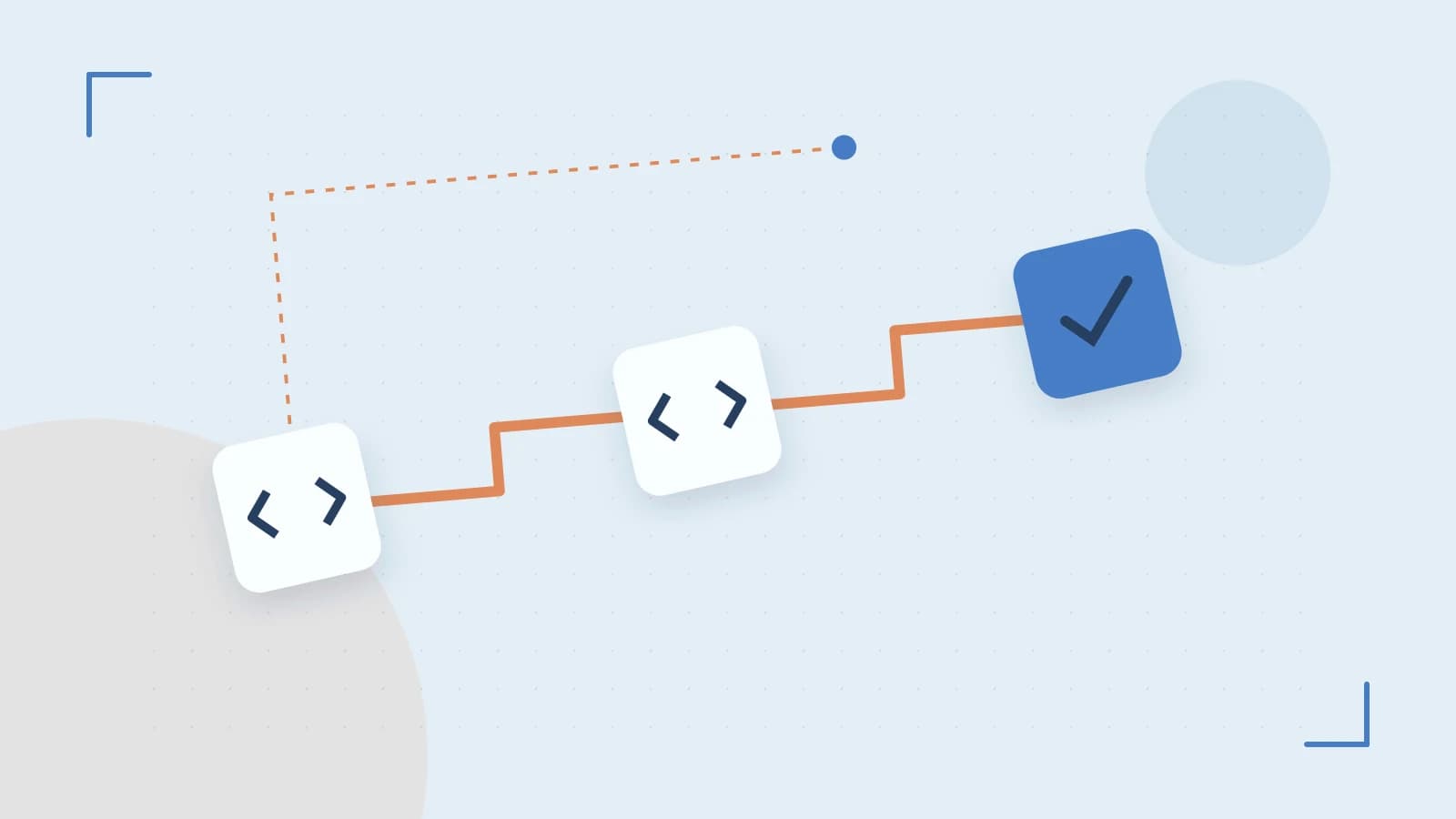Editorial illustration of a branching build pipeline, staged transformations and a completed check