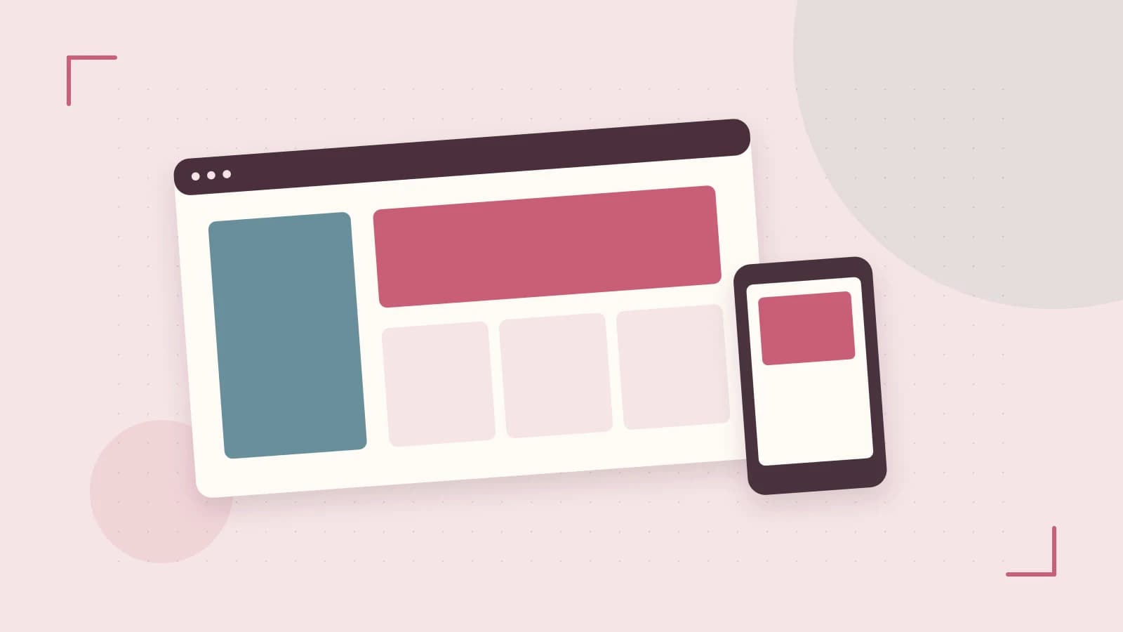 Editorial illustration of responsive browser layouts, overlapping design components and a color system
