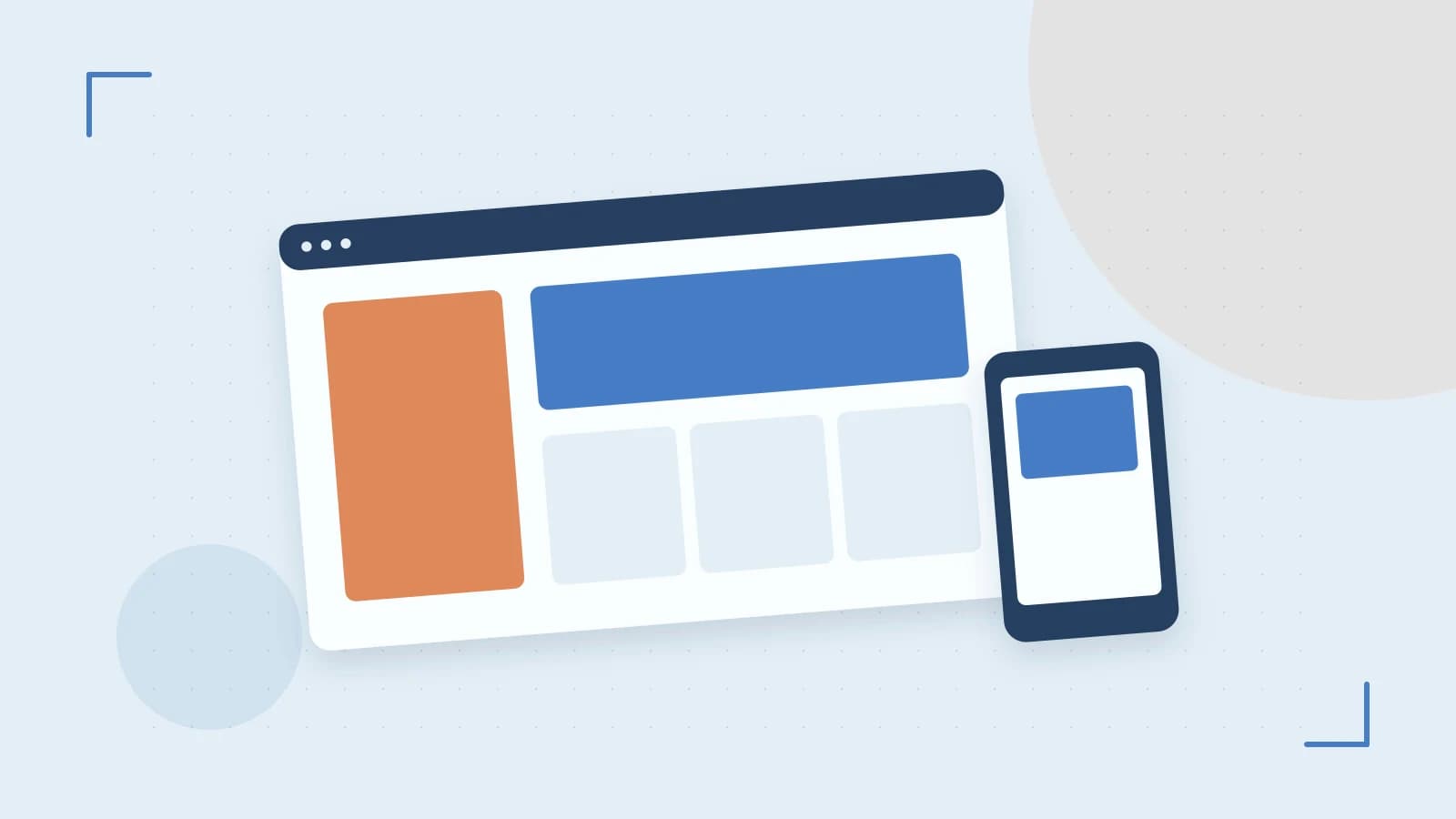 Editorial illustration of responsive browser layouts, overlapping design components and a color system