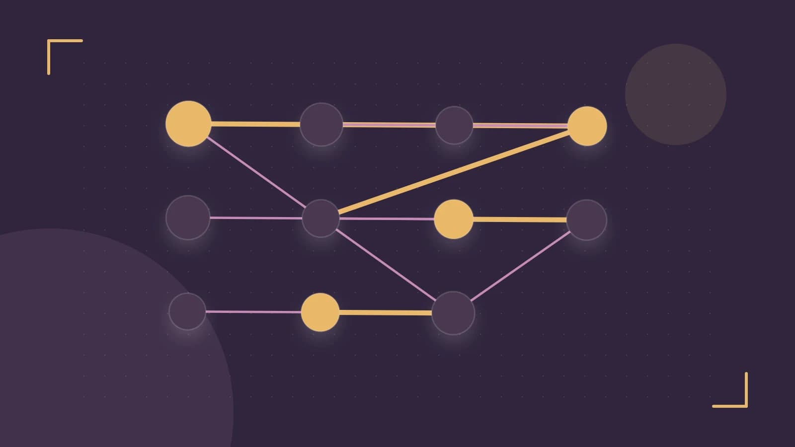 Editorial illustration of an algorithmic node graph with branching paths and a highlighted result
