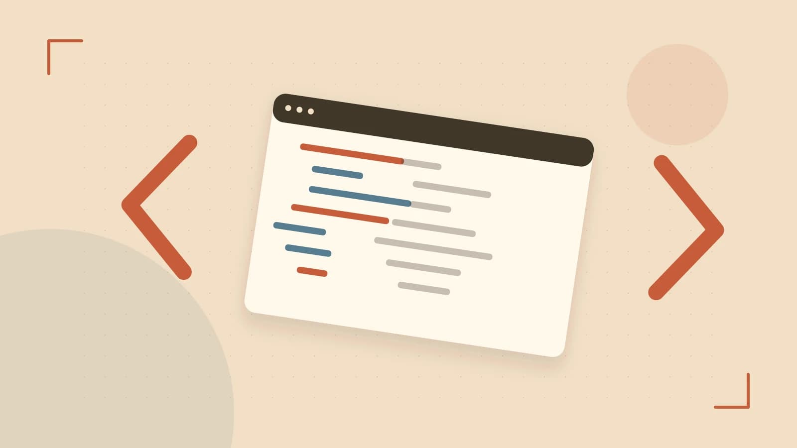 Editorial illustration of an abstract code editor, syntax blocks and oversized programming brackets