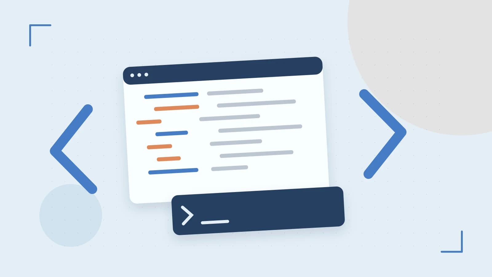 Editorial illustration of an abstract code editor, syntax blocks and oversized programming brackets