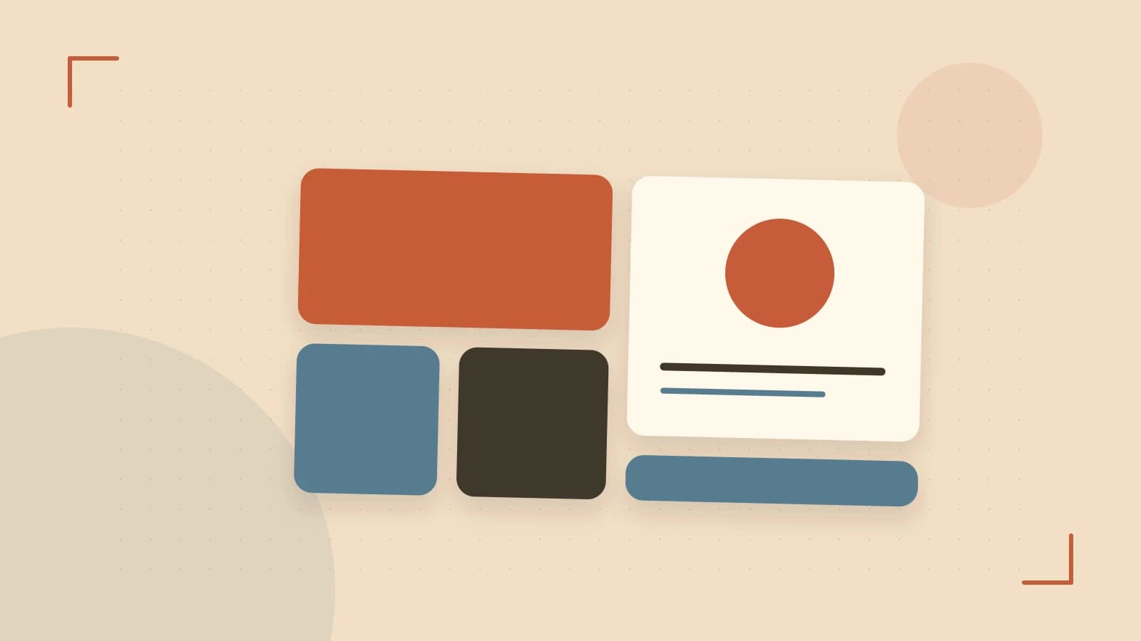 Editorial illustration of responsive browser layouts, overlapping design components and a color system