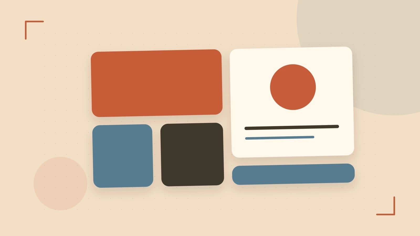 Editorial illustration of responsive browser layouts, overlapping design components and a color system