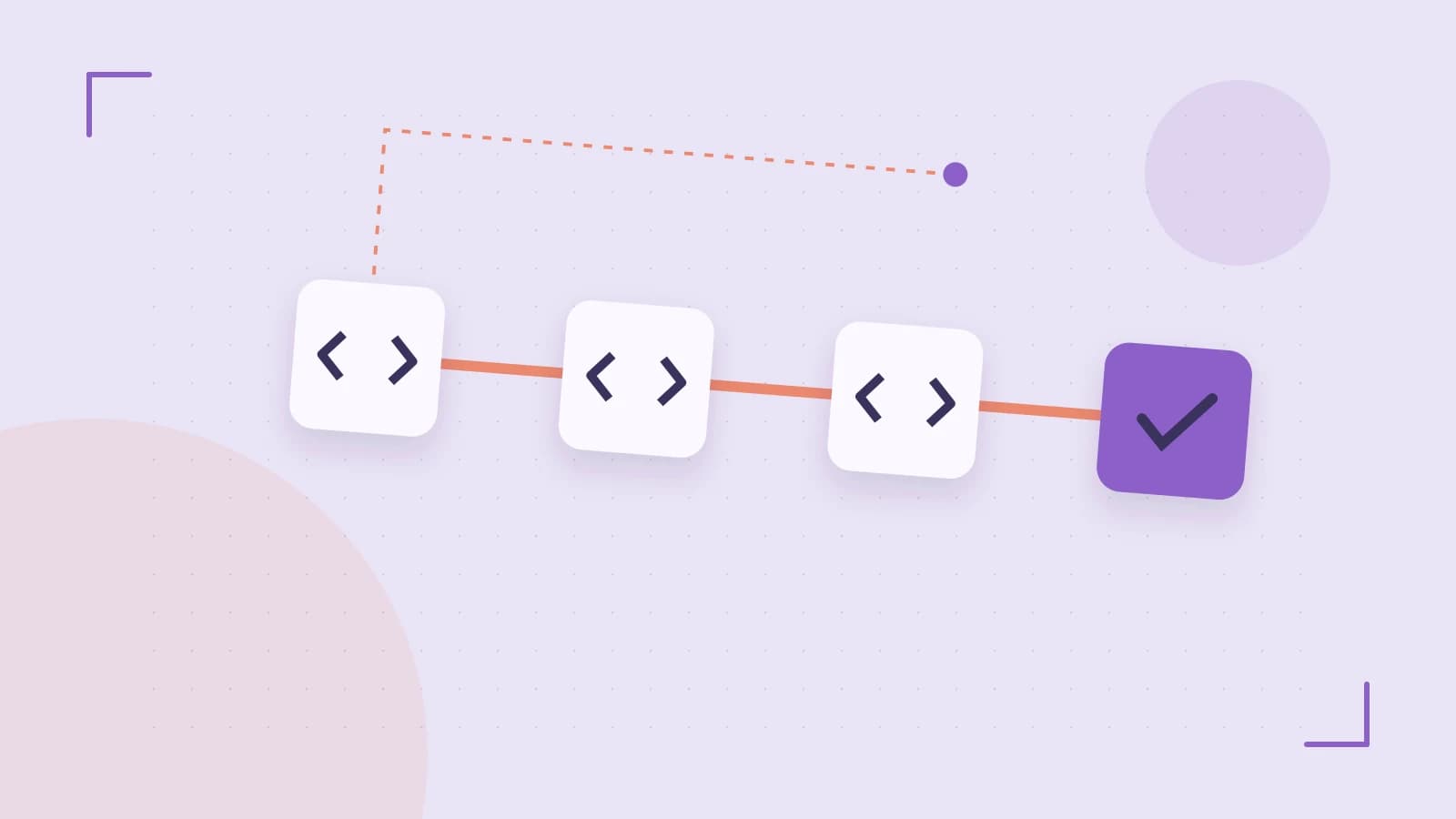 Editorial illustration of a branching build pipeline, staged transformations and a completed check