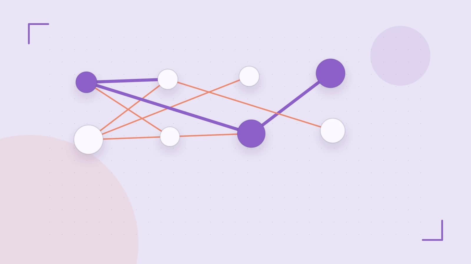 Editorial illustration of an algorithmic node graph with branching paths and a highlighted result